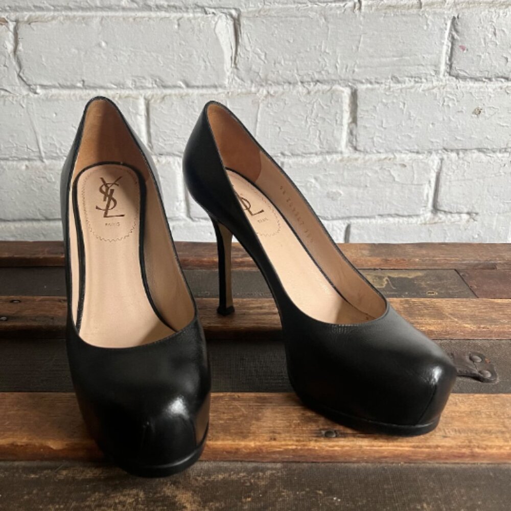YVES SAINT LAURENT Black Leather Tribtoo Pumps 37.5